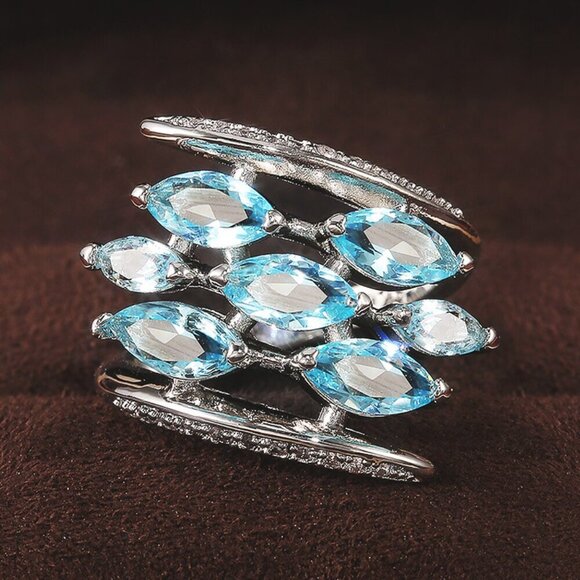 💍Silver Multiple Unique Marquis Gems Bright Light Blue💎 Ring, INDN8564 - Picture 9 of 10